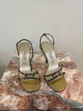Jimmy Choo Gold and Brown Patterned Strappy Sandals